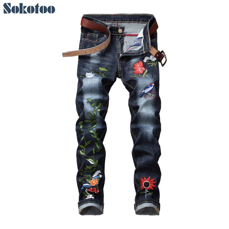 Sokotoo Для мужчин с цветочной вышивкой стрейч джинсы мода slim fit узкие брюки для мужчин