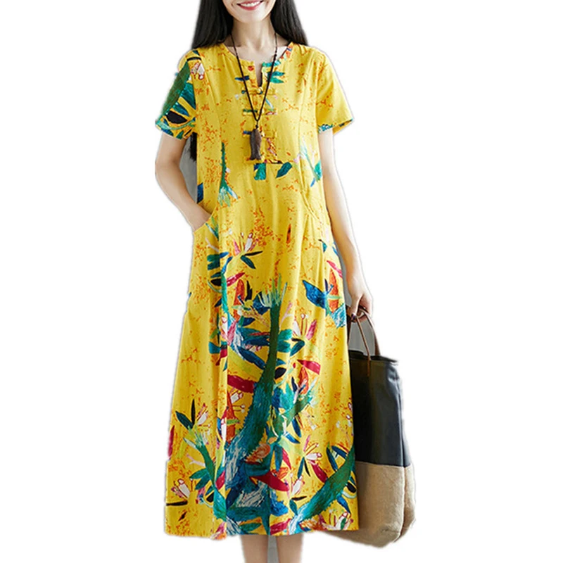 Женское льняное платье с рисунком свободные разноцветные повседневные