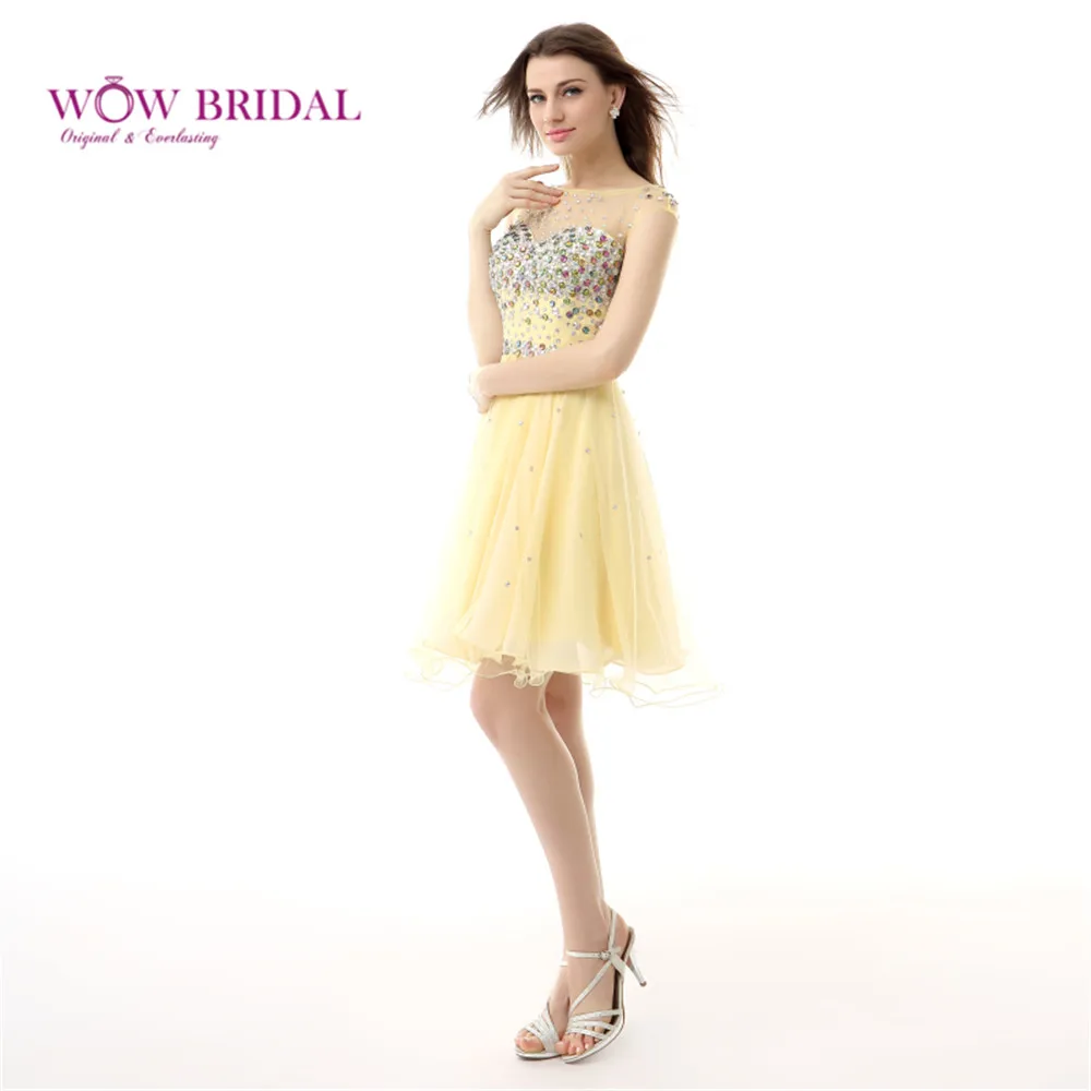 Wowbridal Yellow Chiffon Knee Length Cap Sleeves Homecoming Dress Formal Gown | Свадьбы и торжества