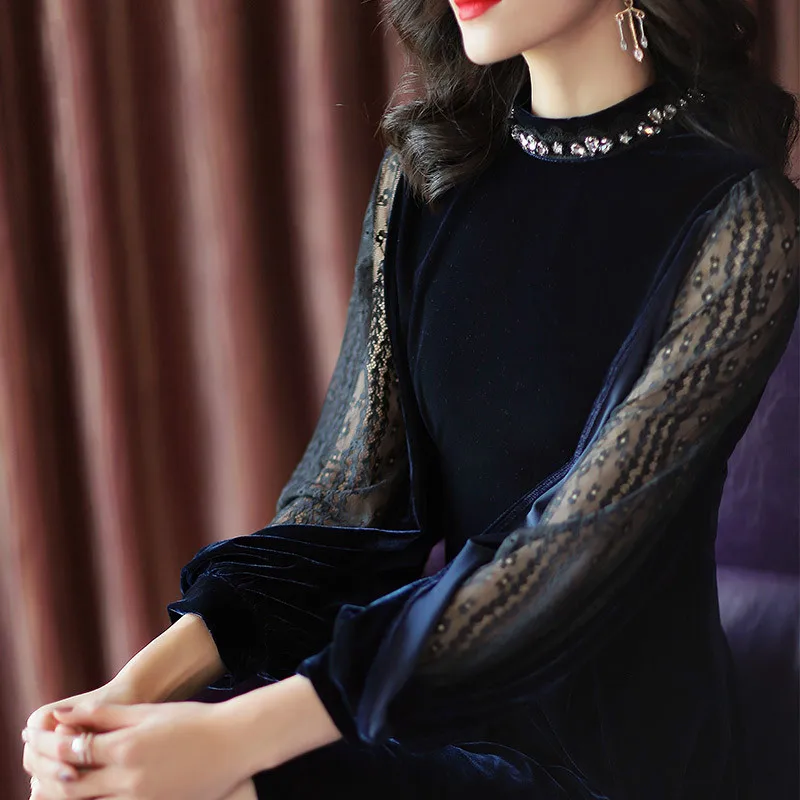 Spring Autumn Velvet Dress Women Clothes 2020 Vintage Elegant Mini Black Mesh Ladies Vestidos MY2419 | Женская одежда