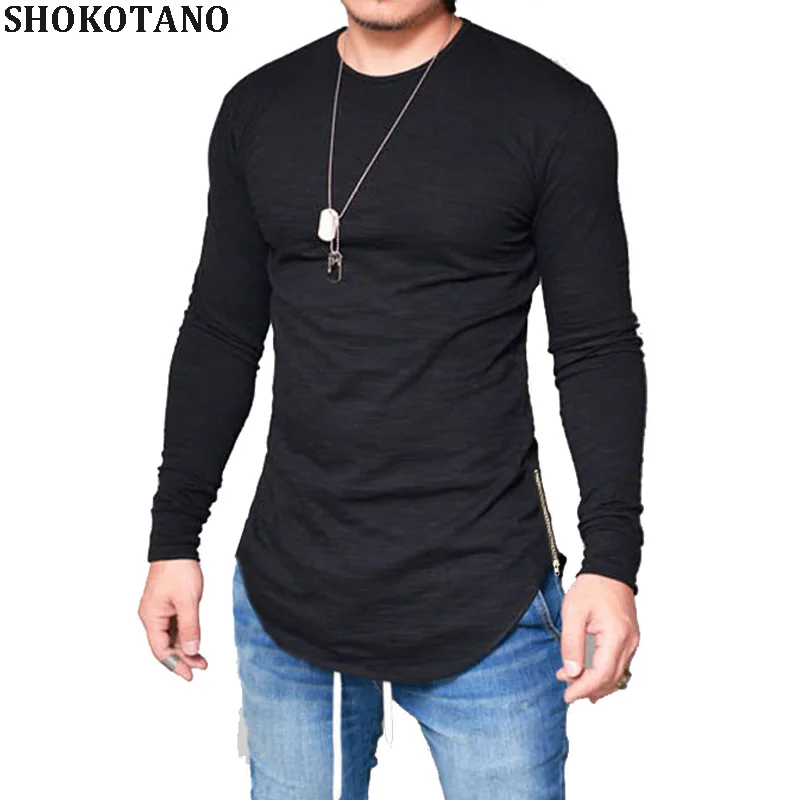 SHOKOTANO Mens Long Sleeve Solid T shirt Men Hipster Hip Hop Basic Curved Hem Side Zipper T-Shirt | Мужская одежда