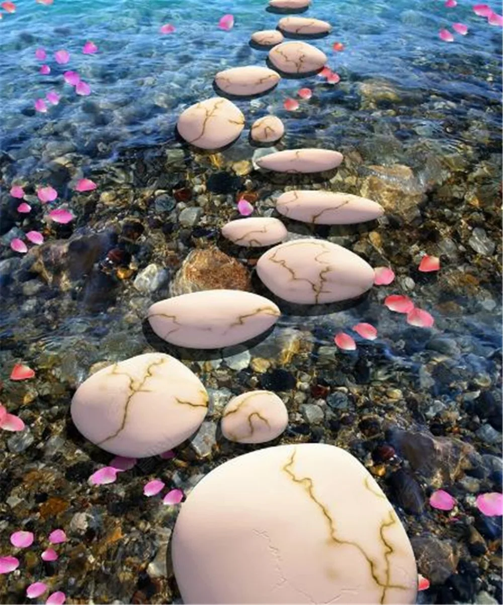 

Custom Photo 3d Wallpaper Stone Path Cobblestone Petals 3D Floor Three-Dimensional Painting