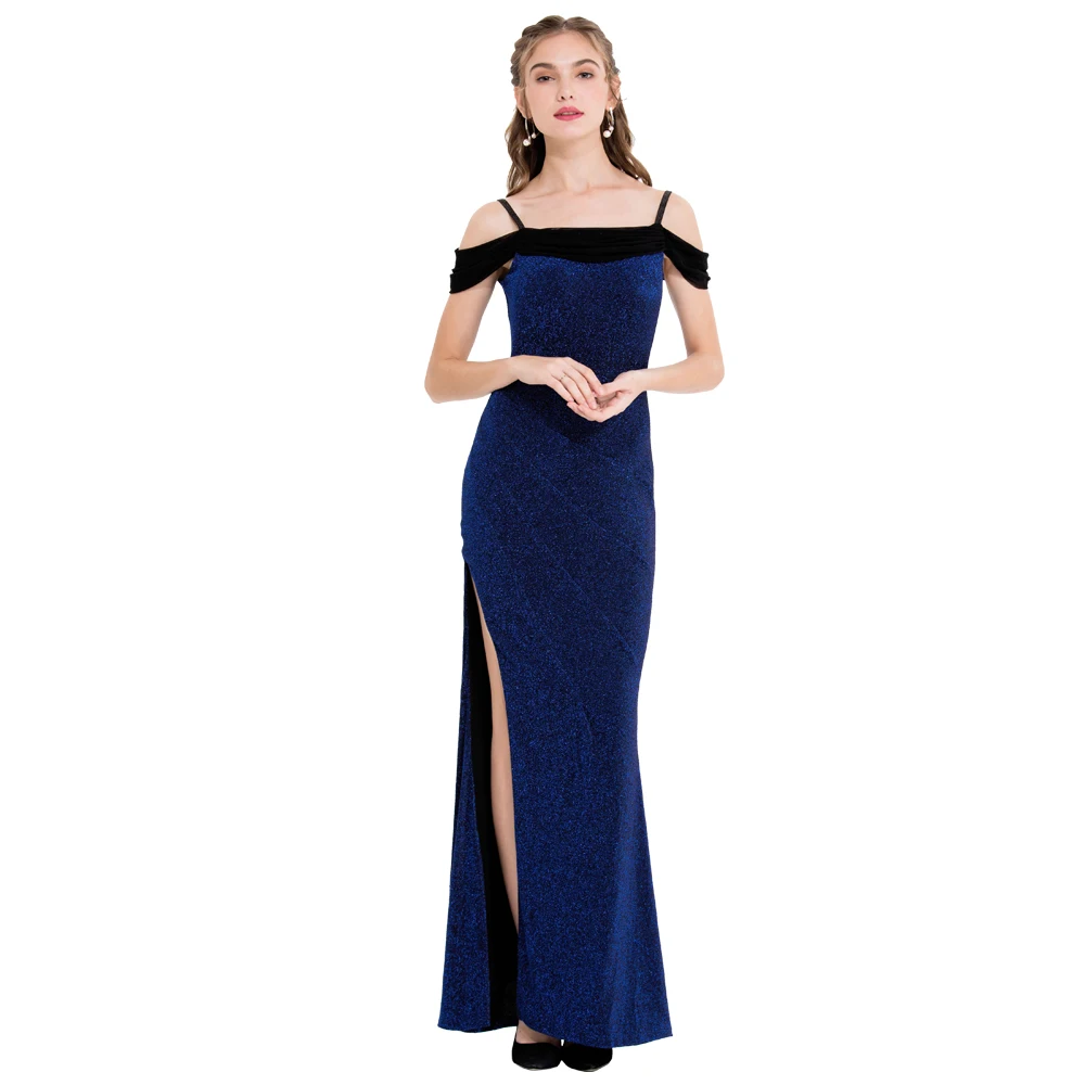 

Angel-fashions Women's Boat Neck Off Shoulder Evening Dresses Long Pleated Slit Party Gown Maxi Blue 430