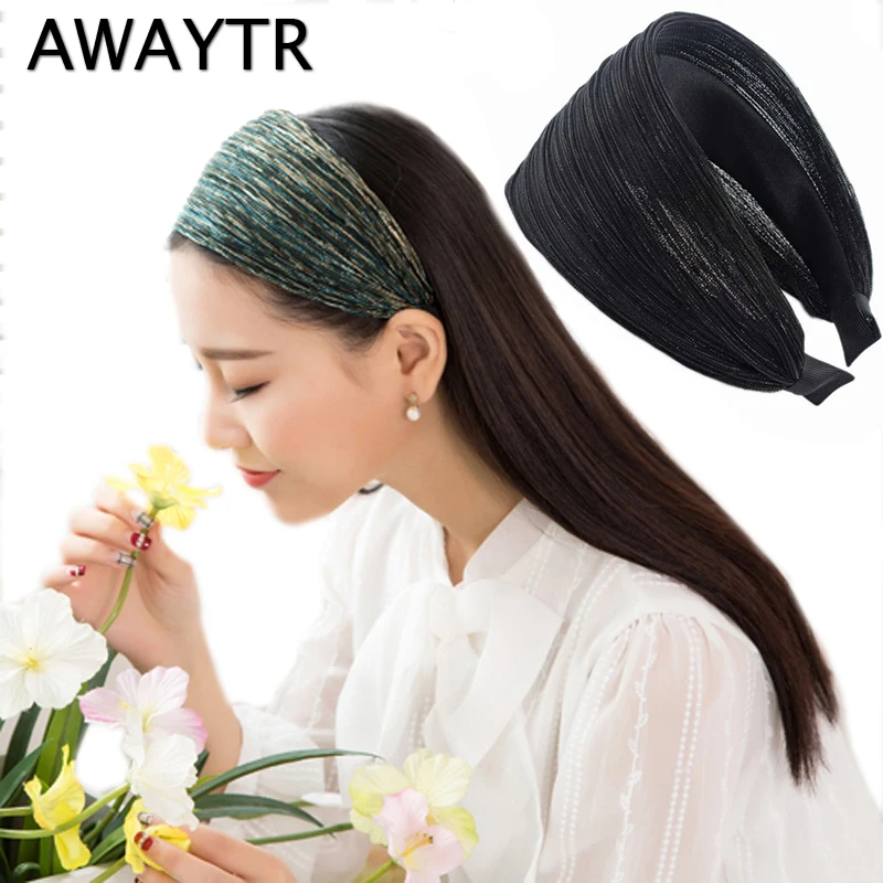 AWAYTR, новинка, 8 см, широкие блестящие повязки на голову, сетка, мишура, ткань, элегантные женские повязки на голову, женские аксессуары для волос
