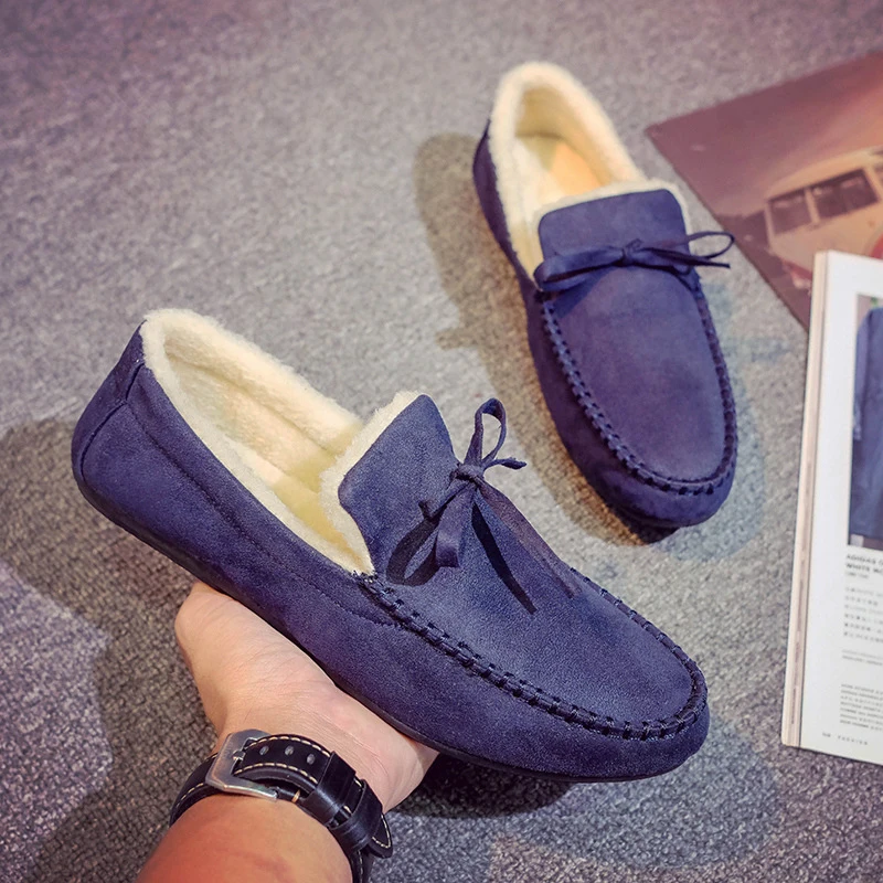 Брендовые мужские туфли на плоской подошве с мехом Лоферы мужская повседневная