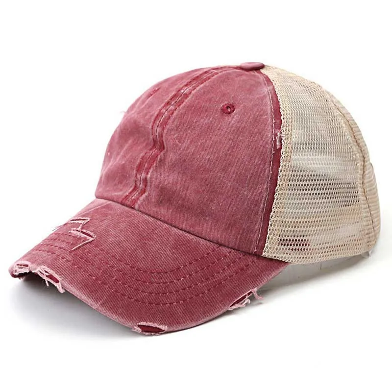 Wine red Distressed бейсбольная кепка грязная булочка шапка с отверстием для хвоста Женская сетчатая Кепка Дальнобойщика s промытая хлопковая регулируемая бейсболка хип-хоп кепка летняя кепка - Цвет: Wine red