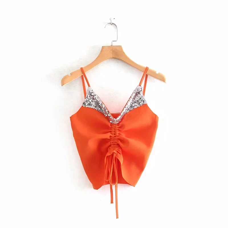 2019 Summer new style Sexy Women Plain Camisole V-neck Vest Slim Sling Short Tank drawstring Tops Sequin | Женская одежда