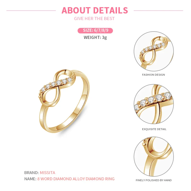 Женское Винтажное кольцо MISSITA золотистое с прозрачным фианитом для влюбленных