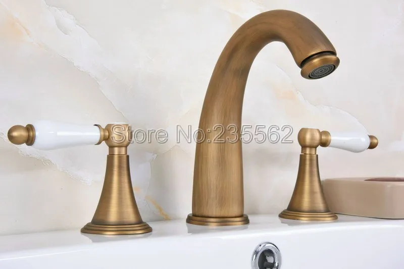 

Античный латунный Смеситель для ванной комнаты с 3 отверстиями, кран для раковины с креплением на раковину/ванну, с двойной ручкой, lan083