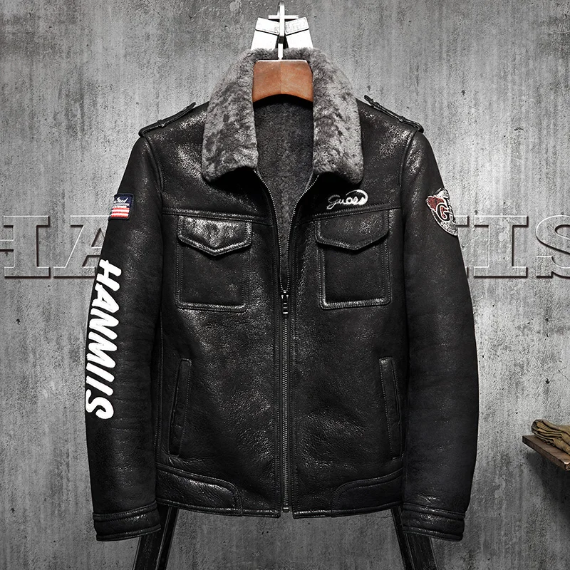Мужская куртка Авиатор из австралийской овечьей шерсти Короткая кожаная с