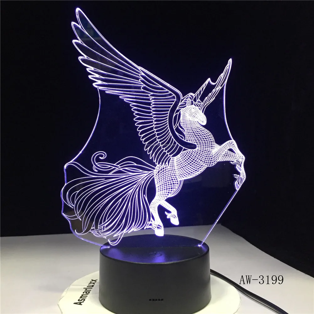 Единорог вечерние мультфильм лампа большие крылья 3D светодиодный Ночной