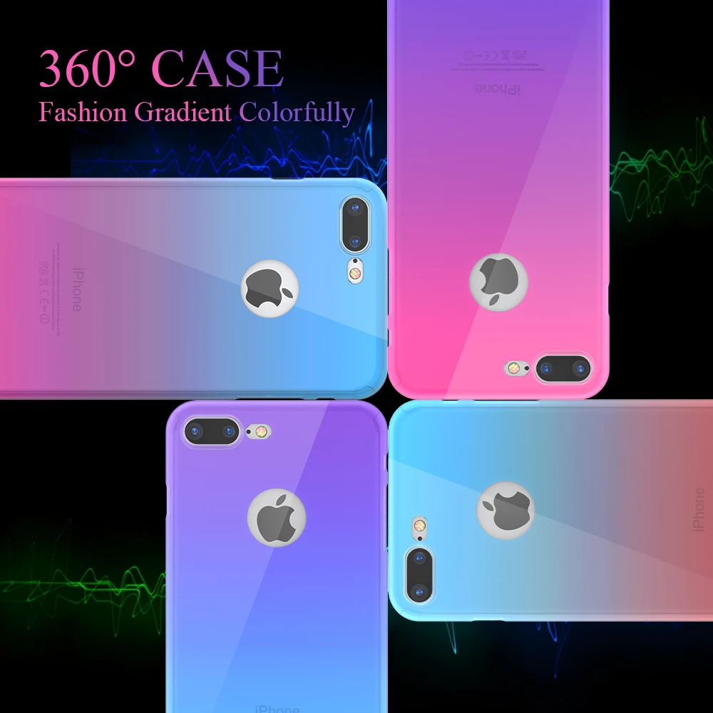 KISSCASE 360 Full Coverage Case For iPhone 6 6S 7 Plus Gradient Tempered Glass Phone Back Cover Capa |