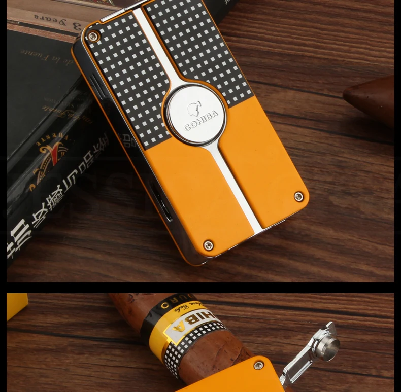 COHIBA металлическая зажигалка для сигар, ветрозащитная, 3 синих струйных пламени, сигаретный фонарь, зажигалки, Бутановая Зажигалка, многоразовая