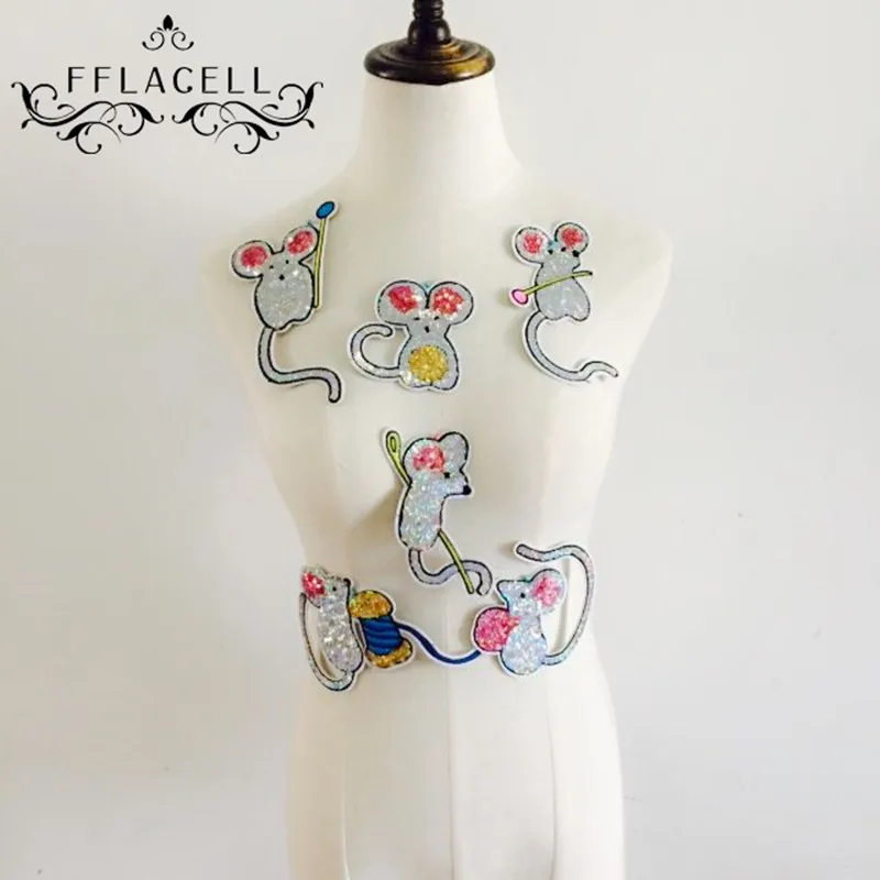 6 шт./компл. Симпатичные патчи с блестками в виде мыши винтажные вышитые блестящие