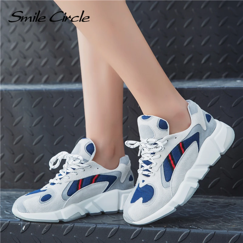 Smile Circle Breathable mesh sneakers platform casual shoes For women 2018 Autumn Lace-up mixed colors chunky | Обувь