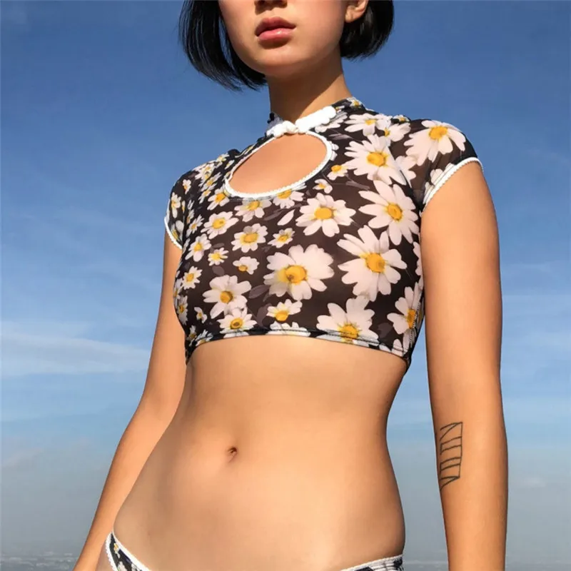 T-Shirt Women's Perspective Print Short Sleeve Chinese Style Hollow Out Tee Tops Sexy Mesh Transparent Cropped Shirt | Женская