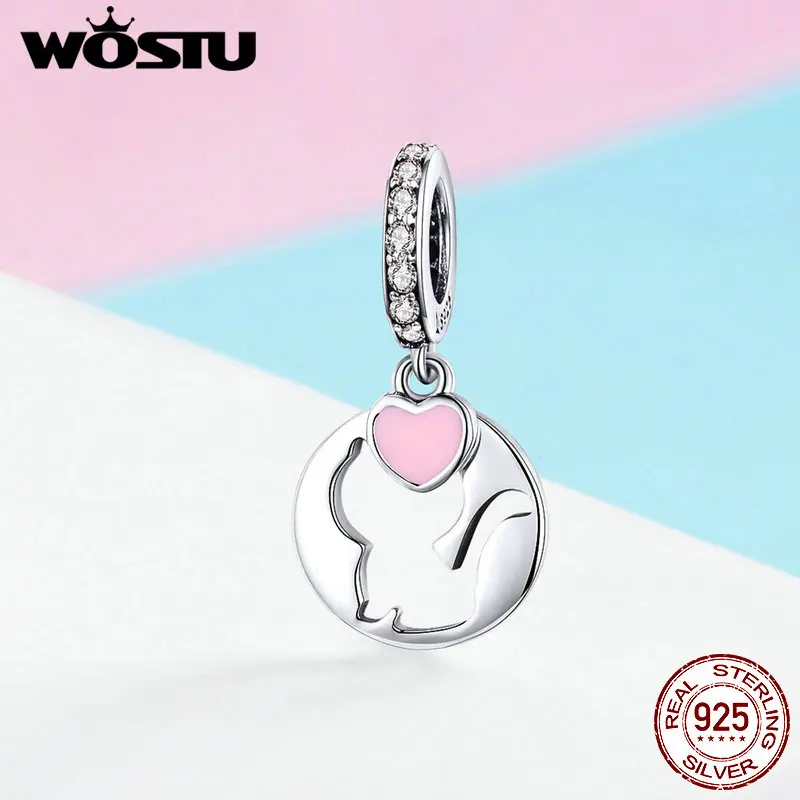 Женские шармы из стерлингового серебра 925 пробы WOSTU Animal Cat с розовым сердечком