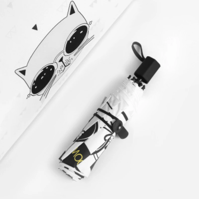 White 3 Fold Модный мультяшный женский зонтик с кошачьим принтом, анти-УФ, черное покрытие, женские пляжные зонты, три складных и пять складных, Parapluie - Цвет: White 3 Fold
