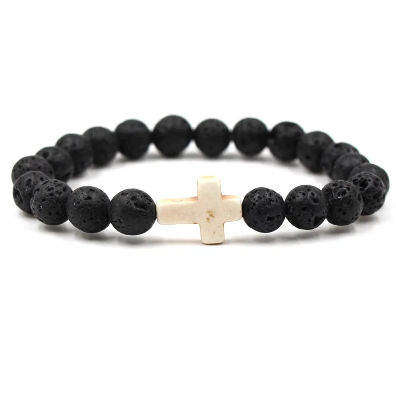 

HOBBORN Classic 8MM Natural Stone Bracelet Women Handmade Lava Stone Beaded Cross Pendant Bracelets & Bangles Men Yoga Jewelry