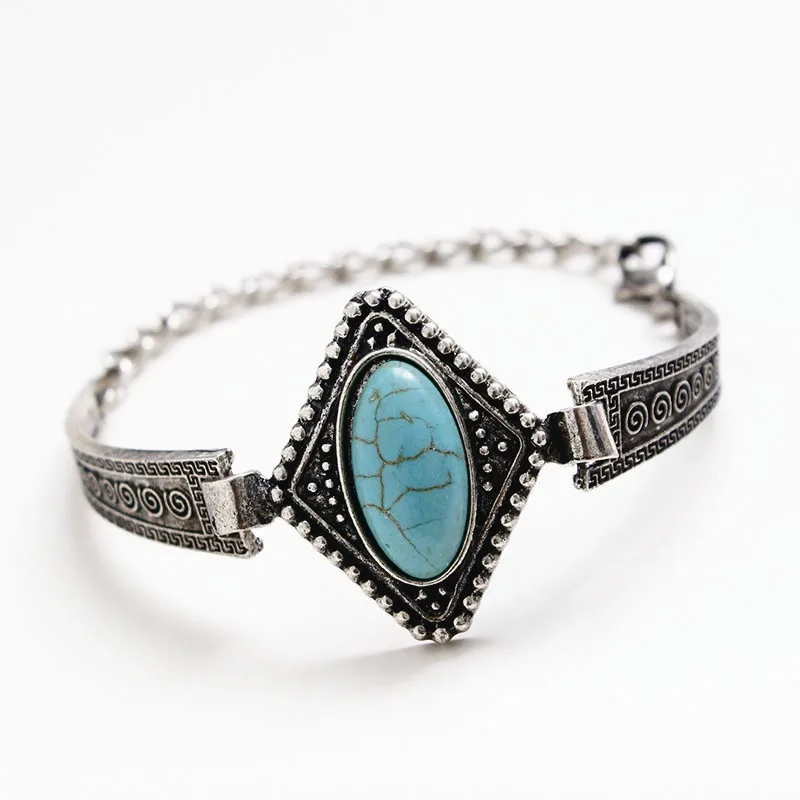 F&ampU Vintage Blue Grain Stone Geometric Shape Tibetan Silver Plating bracelet bangle jewelry Fine for women Accessories | Украшения и