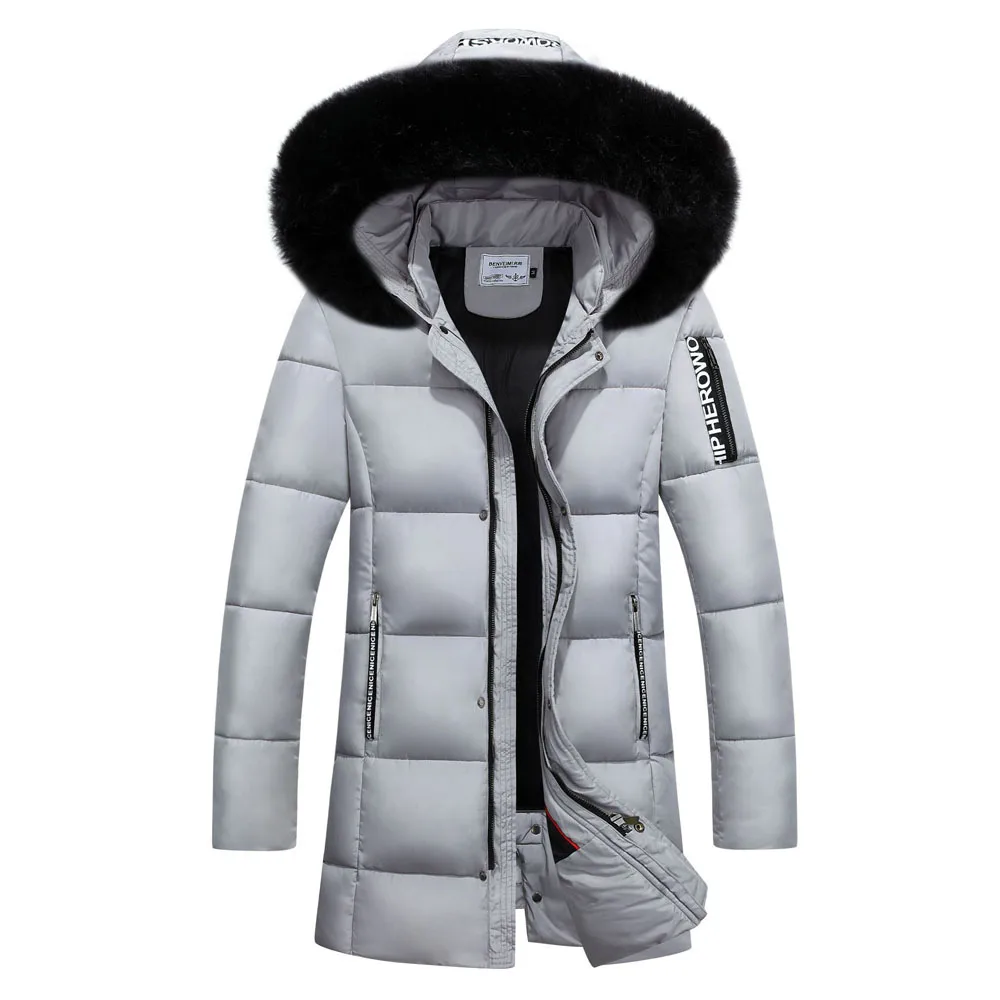 Gray black collar Мужское пальто, Толстая теплая зимняя куртка, Мужская верхняя одежда, высокое качество, стильная мужская парка, приталенная, с меховым капюшоном, с хлопковой подкладкой, длинная куртка - Цвет: Gray black collar