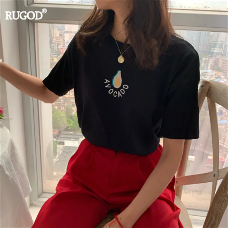 Черный RUGOD Летняя женская футболка с круглым вырезом и вышивкой авокадо, футболка с коротким рукавом, Корейская свободная Элегантная стильная Милая Повседневная Женская трикотажная футболка - Цвет: Черный