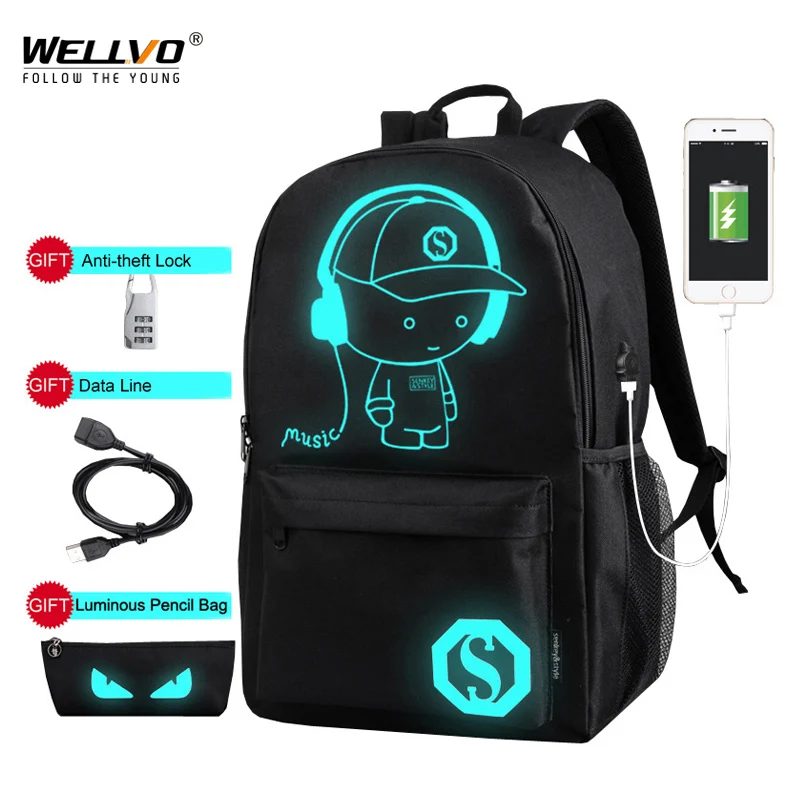 

Luminous Anti Theft Backpacks Men USB Charge Canvas Backpack Boys Laptop School Bags for Teenage Girls Students Print Bag XA163C