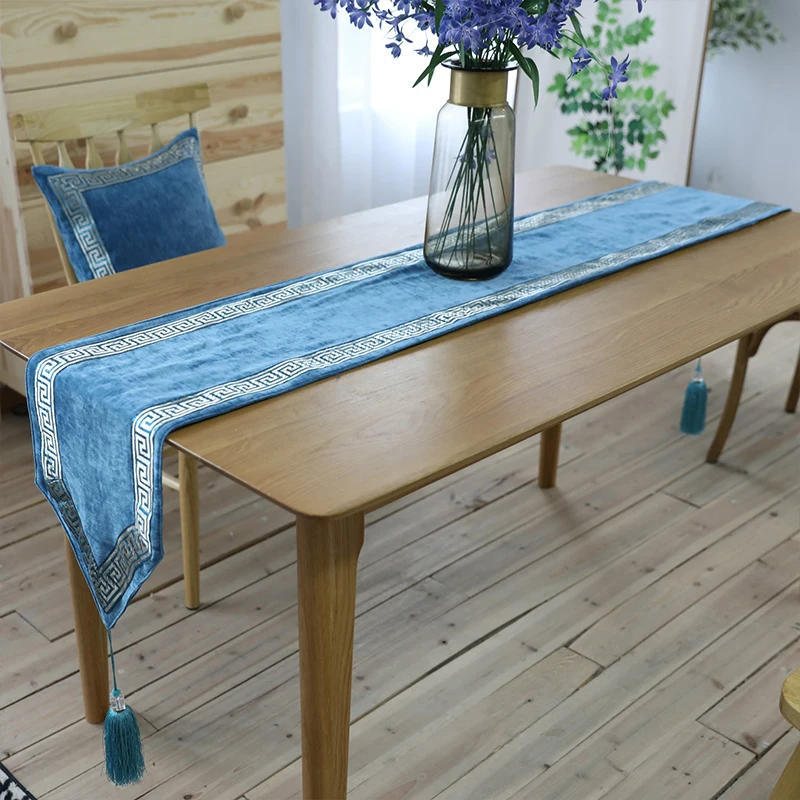 Table Runner Flannel Runners With Tassels Blue Home Decor Vintage Kitchen Accessories Chemin De Rectangle | Дом и сад