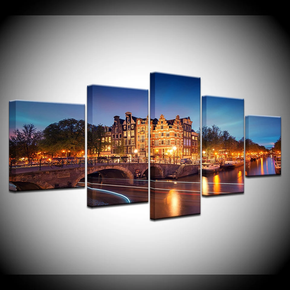 

Canvas HD Prints Paintings Home Decor 5 Pieces Amsterdam City Building Night Scenery Poster Modular Pictures Wall Art Framework