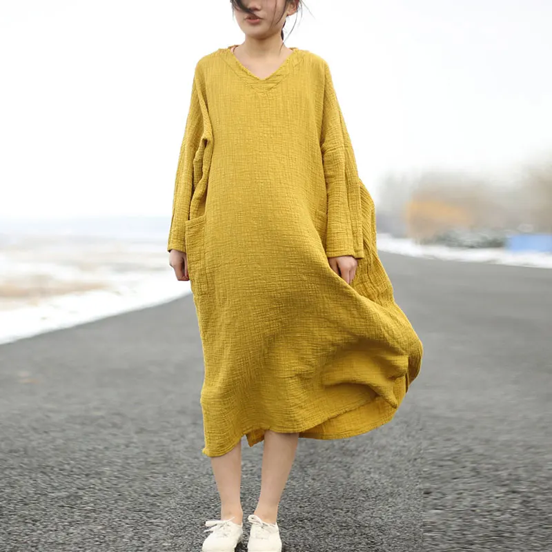 [Javers] Женщины осень халат винтажная короткая Стиль хлопок белье платье v образным