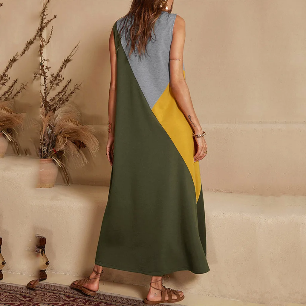 Женские платья из хлопка и льна повседневное лоскутное без рукавов с круглым