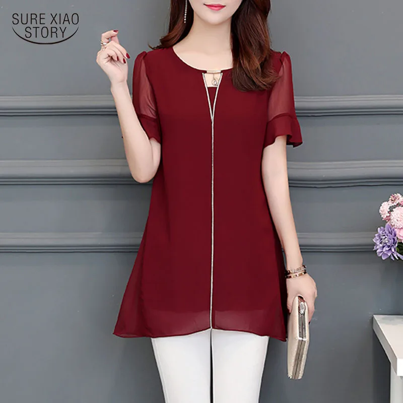 

19 New Arrivals Women Blouse Korean Plus Size Blue Red Black Female Blouse Casual Loose Short Sleeve Women Chiffon Shirt 5018 50