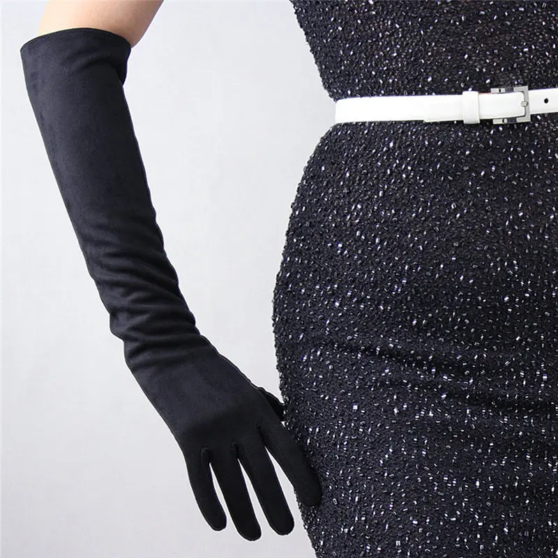 Suede black Модные длинные стильные женские перчатки из лакированной кожи 50 см, имитация кожи, зеркальные Яркие Кожаные женские перчатки из искусственной кожи PU50 - Цвет: Suede black