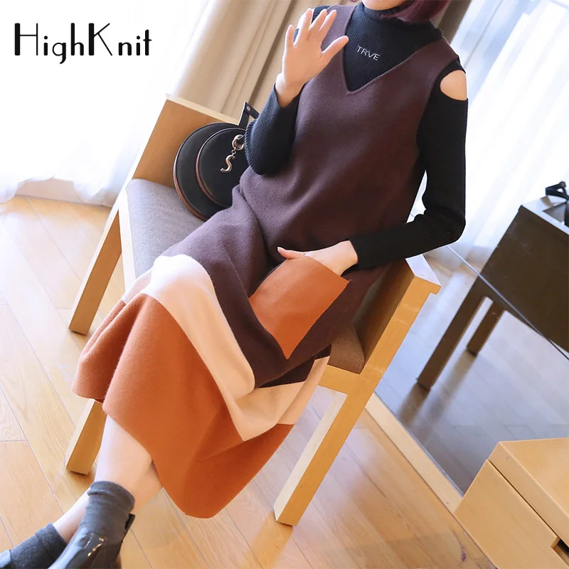 HighKnit v-образным вырезом без рукавов свитер платье женское лоскутное офисное