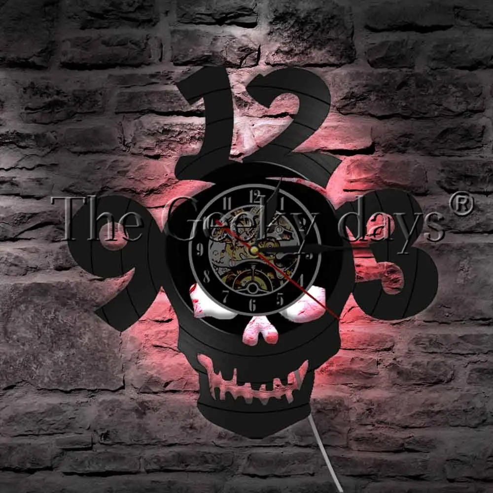 Halloween Horror Skull Vinyl Record Wall Clock Modern Design Big Numbers Devil Demon Skull Head Wall Clock Home Decor