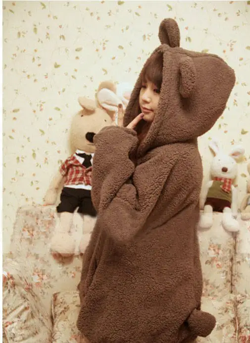 brown hoodie Медведь Коричневый Плюшевый Худи Покрытый Мехом Ворсистый Свитшот Спортивная Кофта Женщина Простой Толстый Теплое Одноцветный Сплошной Цвет Кофта С Капюшоном Медведь Ухо Харадзюку Фланелевый Толстовка Капюшон Хвост - Цвет: brown hoodie