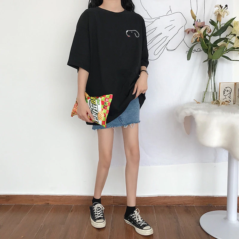 Women T-shirt Printing Medium Long Loose Large Size Puppy O-Neck T-Shirt Cotton Tops Fit Soft Casual Street Wear | Женская одежда