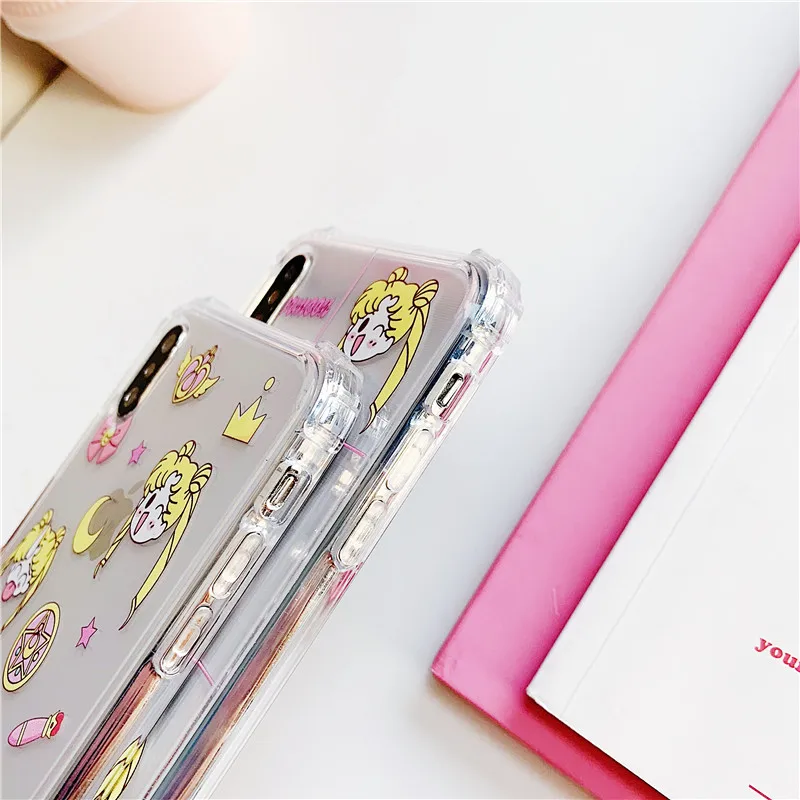 Милый чехол для телефона Sailor moon для девочек iphone 6 6s 7 8 Plus X XS Max XR, уплотненный чехол для телефона с четырьмя уголками