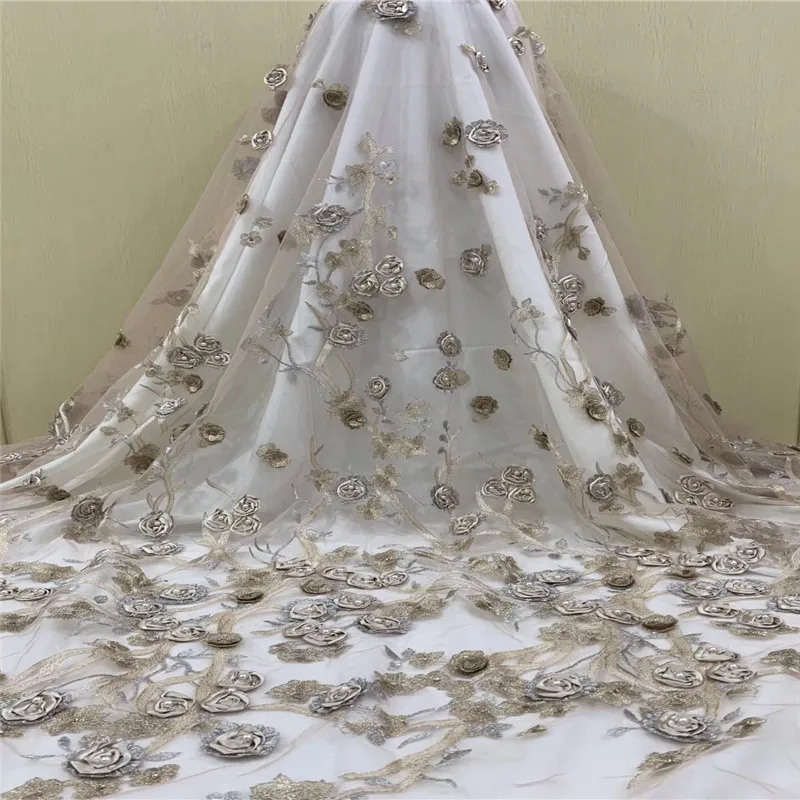 HFX Luxury Nigeria Elegant Gold African Net Lace High Quality Beads French Fabric 3d Appliques Tulle Mesh X1343 | Дом и сад