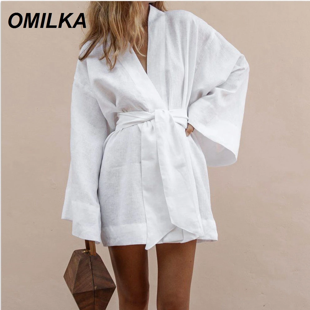 Женское кимоно OMILKA белое хлопковое платье кардиган с v образным вырезом и поясом