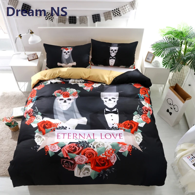

AHSNME New Skull Bedding Set Lovers Bedroom US King Queen Size Black And White with Colorful Skeleton Soft 3D Bedlinen