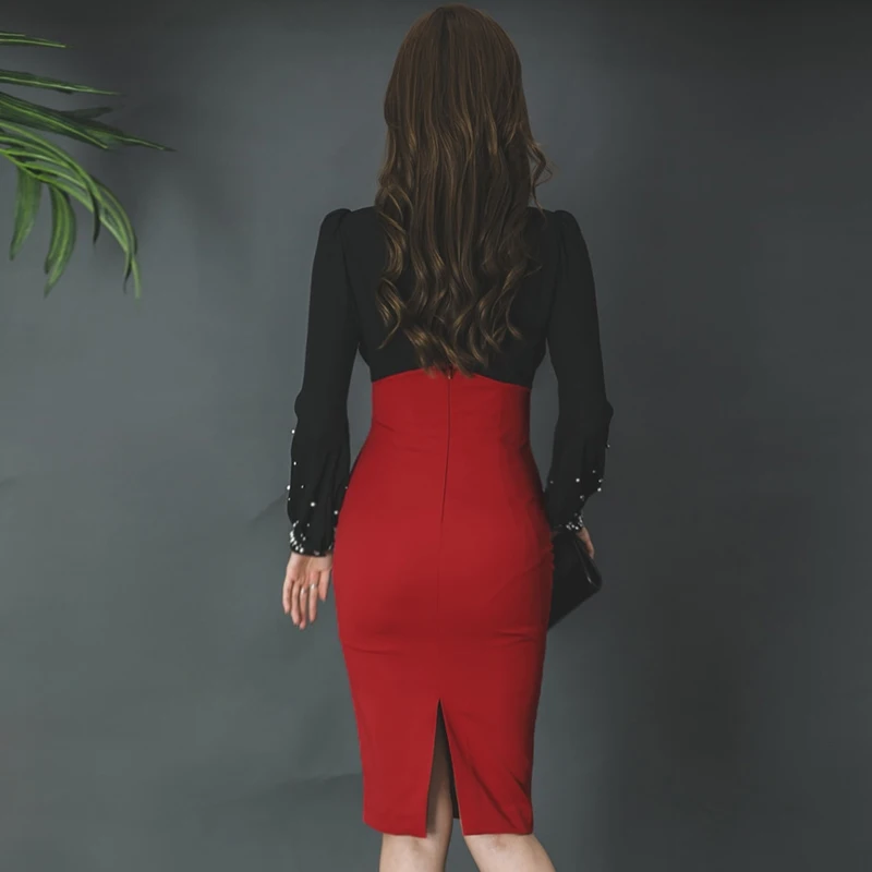 Женское платье на шнурках BGTEEVER офисное из шифона с жемчугом и узкой талией