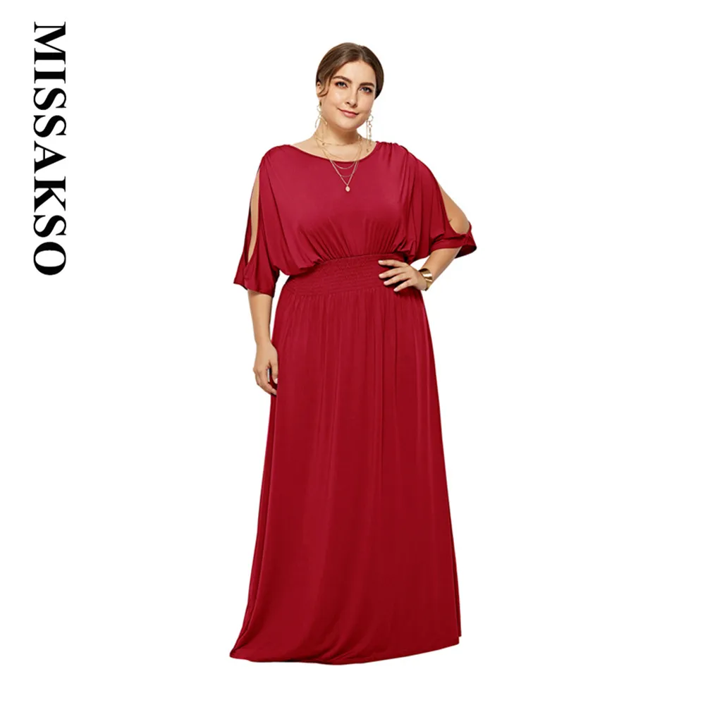 Missakso Vestido, ТРАПЕЦИЕВИДНОЕ однотонное белое платье макси, весна-лето, повседневное женское платье с круглым вырезом, длинное милое платье размера плюс с коротким рукавом, длинное красное - Цвет: Красный