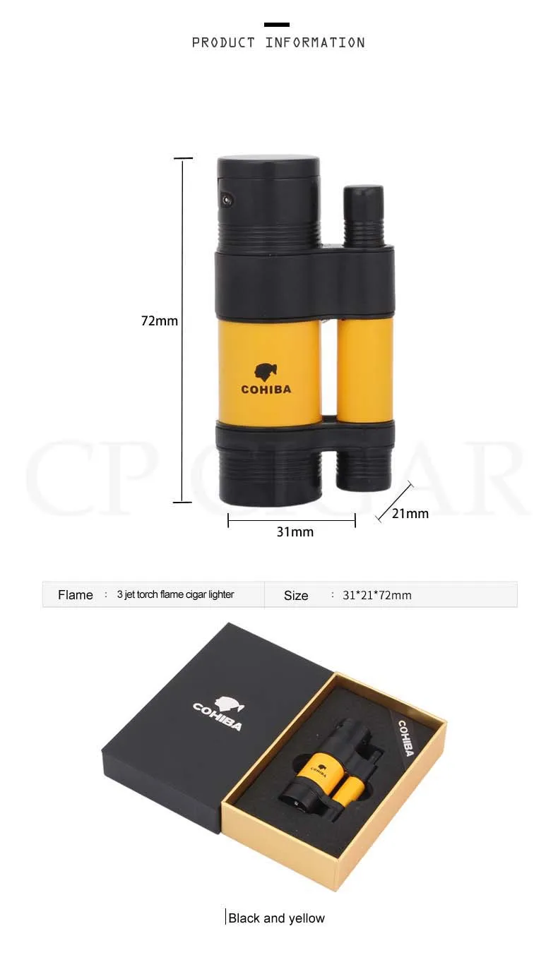 COHIBA 3 факел зажигалки ветрозащитный Карманный металлическая коробка для сигар легче, чем газ-бутан Роскошная Зажигалка для сигаретной сигареты встроенный сигары удар