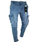 Джинсы мужские зауженные эластичные состаренные с эффектом потертости, трендовые байкерские джинсы на молнии, с застежкой-молнией и карманами, в стиле хип-хоп
