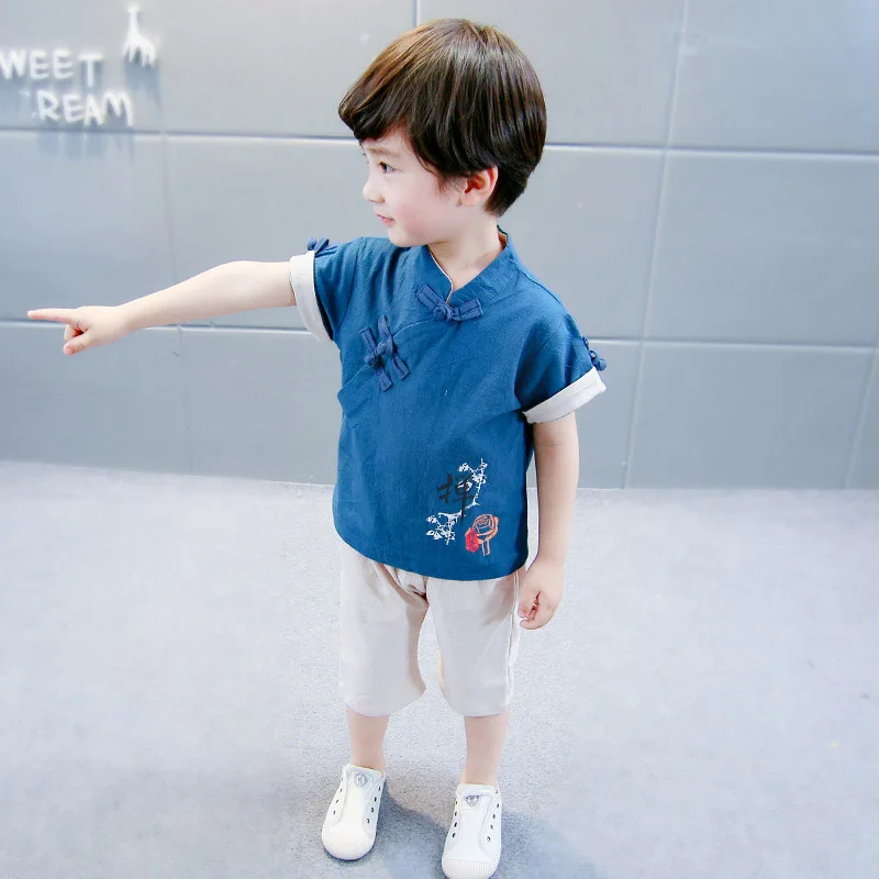 blue Традиционная китайская одежда для мальчиков Hanfu Древний халат в китайском стиле летние костюмы династии Тан костюм ханьфу 2 шт DQS1938 - Цвет: blue