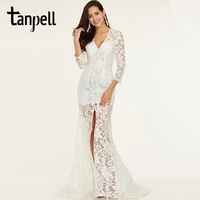 tanpell split front long evening dresses ivory v neck full sleeves floor length a line gown cheap women lace formal evening gown