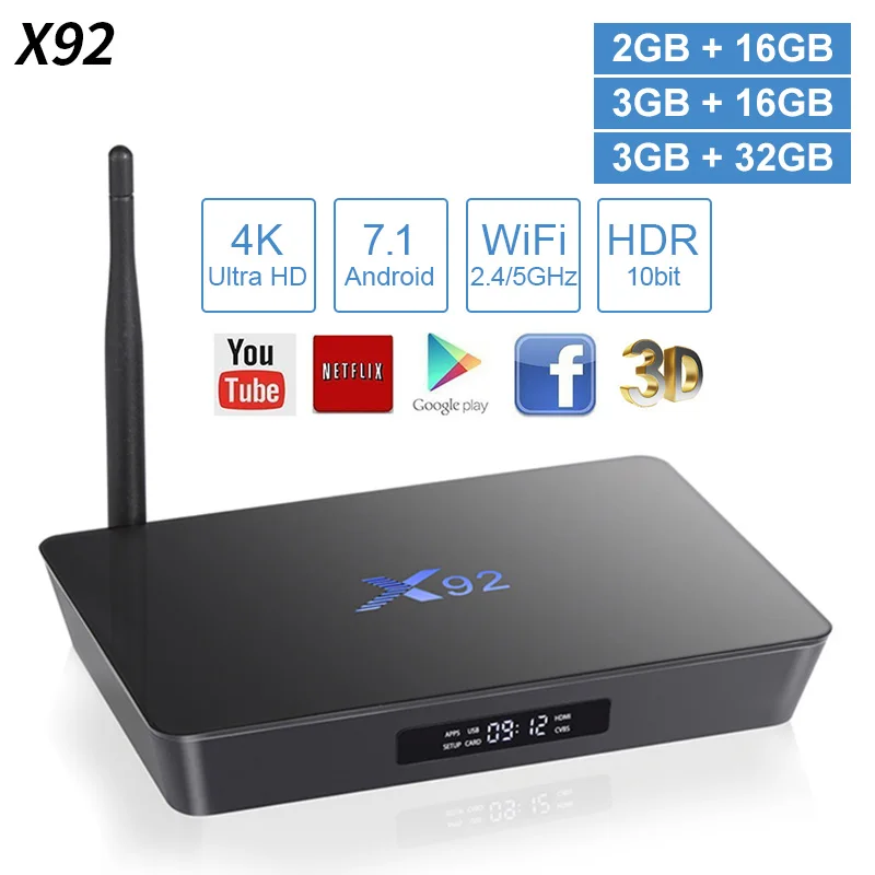 X92 Android 7,1 ТВ контейнер под элемент питания 2 ГБ/3 Гб оперативной памяти, 16 Гб встроенной памяти/32 ГБ Amlogic S912 Octa Core KD16.1 2,4/Wi-Fi 5 ГГц 4K BT4.0 Smart Media player Декодер каналов кабельного телевидения компьютерной приставки к телевизору