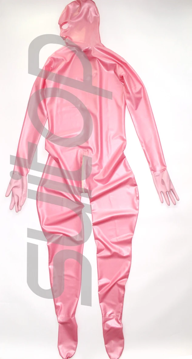 Metallic pink Полный Чехол латексный комбинезон резиновый zentai с задней 3 молнии перчатки, носки и капюшоны attahced в розовый металлик - Цвет: Metallic pink