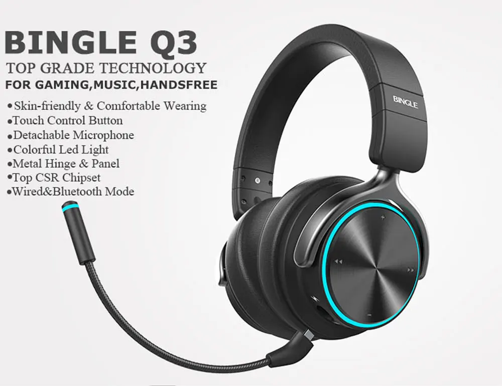 Bingle Q3 Лучший Премиум металлический съемный микрофон RGB светодиодный светильник над ухом с шумоподавлением Беспроводная bluetooth-гарнитура головные телефоны
